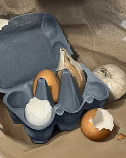 Stillleben Eier und Zwiebeln